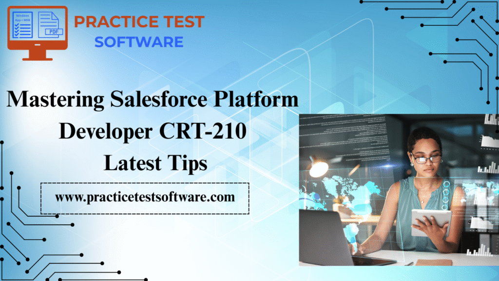 Illustration of a developer studying for the Salesforce Platform Developer I (CRT-210) certification exam on a laptop, surrounded by coding icons