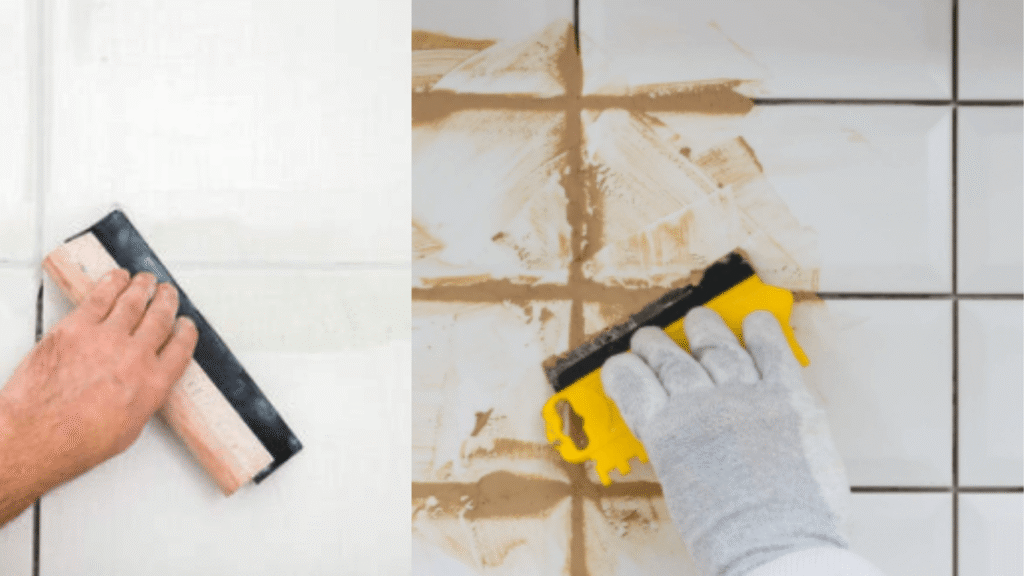 Close-up of cementitious grout filling the gaps between ceramic tiles