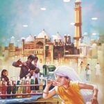 Contemporary paintings Pakistan showing a street vendor with colorful drinks and a child enjoying ice candy near Badshahi Mosque in Lahore.