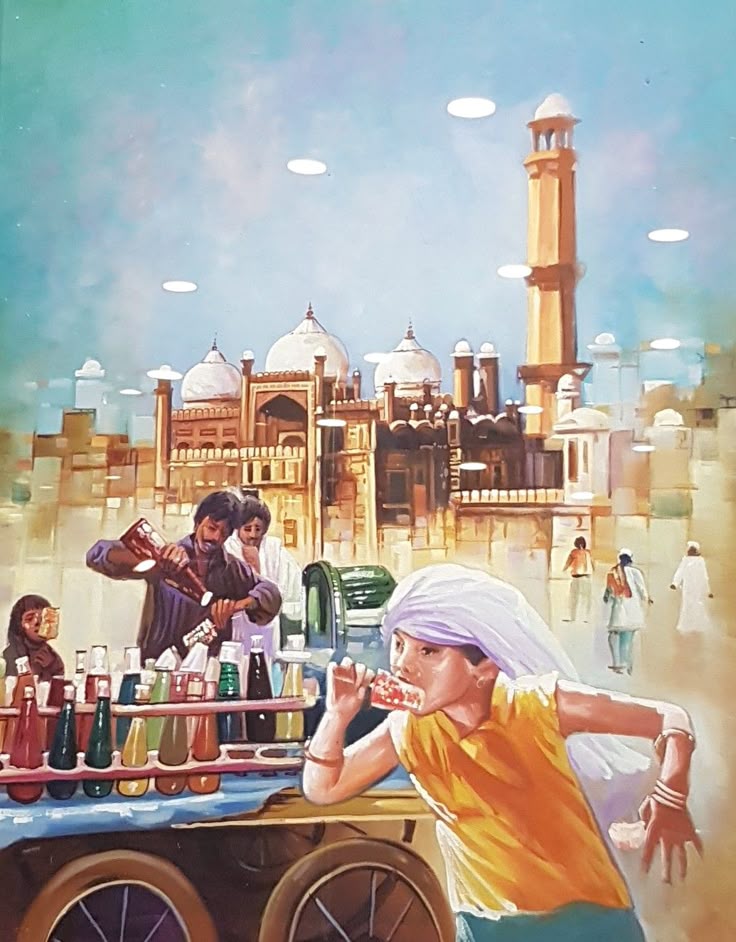 Contemporary paintings Pakistan showing a street vendor with colorful drinks and a child enjoying ice candy near Badshahi Mosque in Lahore.