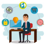 Illustration of consultants analysing retail performance and guiding store operations.