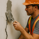 A construction worker repairing a cracked concrete wall with patching compound using a trowel.