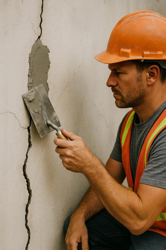 A construction worker repairing a cracked concrete wall with patching compound using a trowel.