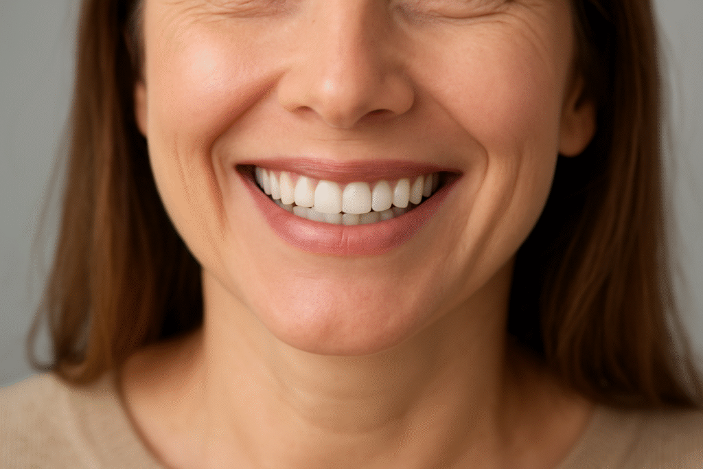 Close-up of an adult woman smiling confidently, showing straight white teeth after cosmetic dental treatment.
