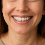 Close-up of an adult woman smiling confidently, showing straight white teeth after cosmetic dental treatment.