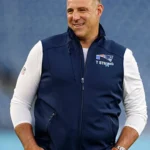 Mike Vrabel New England Patriots 2025 “T STRONG” Sideline Team Logo Full-Zip Navy Vest